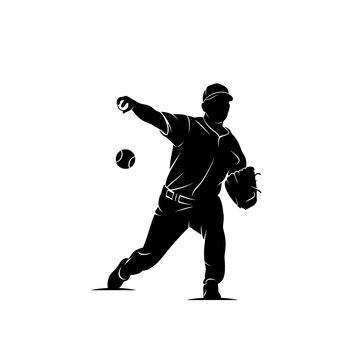 Baseball Player Silhouette Pitching Ball on White Background