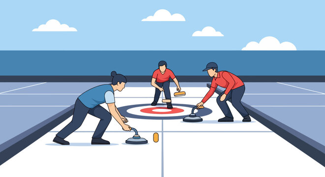 Cartoon curlers playing on ice rink, active winter sports
