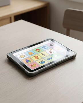 AAC tablet device with communication icons on a wooden table