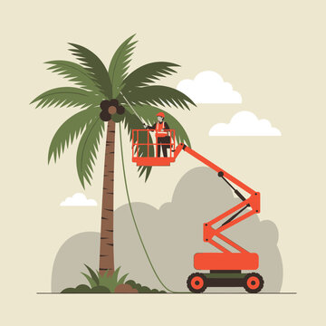 Arborist harvesting coconuts from palm tree with boom lift
