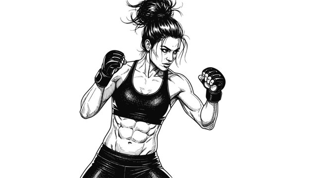 Dynamic female boxer striking pose black and white vector illustration. Transparent background SVG version.