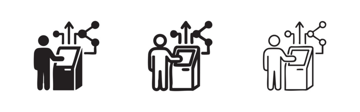 Self-service kiosk icon with user interaction and data network connection, digital service point vector illustration.