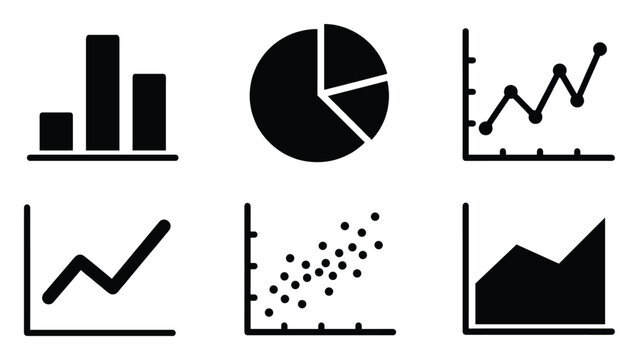 Set of data chart icons. Graph, statistic, infographic, diagram, report, analysis, business, finance symbols. Bar, pie, line, scatter, area charts for web, app, ui. Growth and trend visualization.