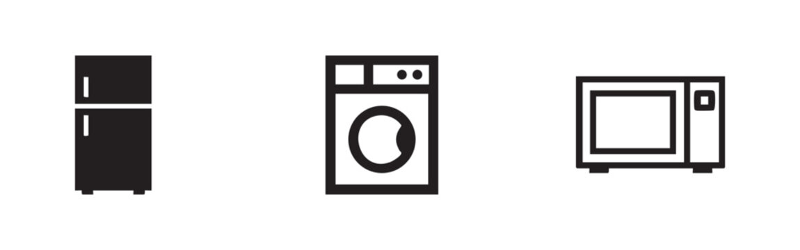 Household appliances icons: refrigerator, washing machine, and microwave, kitchen and laundry electronics vector.