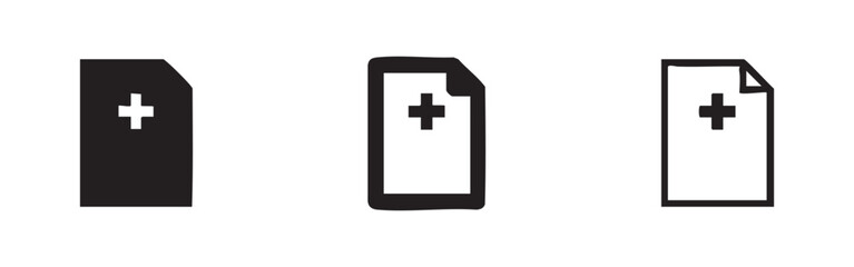 Fototapeta premium Medical record document icon set. Health care file symbol in three styles.