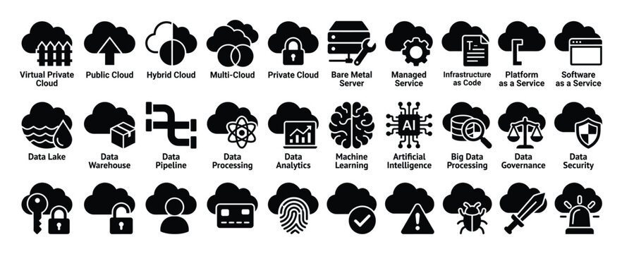 Set of cloud computing icons. Data management, cybersecurity, IT infrastructure, storage, analytics, processing symbols. SaaS, PaaS, IaaS, ML, AI, network glyphs.