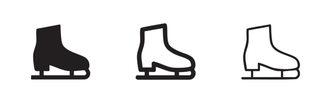 Ice skate icon set - solid, bold outline, and thin outline versions for winter activities and sports