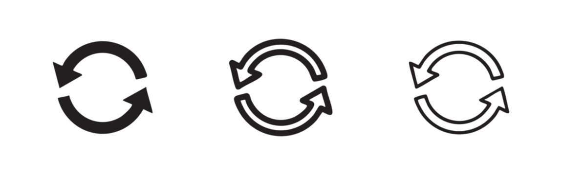Refresh rotate icon set: solid, outline with fill, outline only