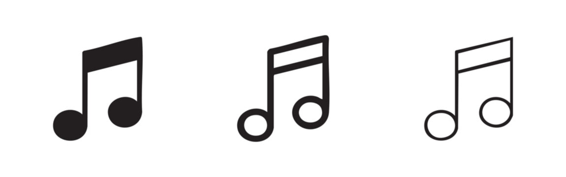 Musical note icon set: solid, outline with fill, outline only