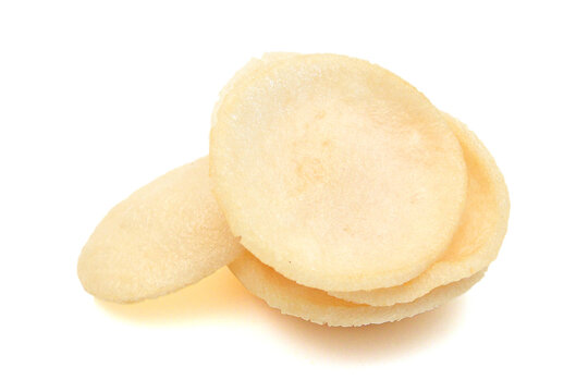 Fresh crunchy prawn crackers on white background 