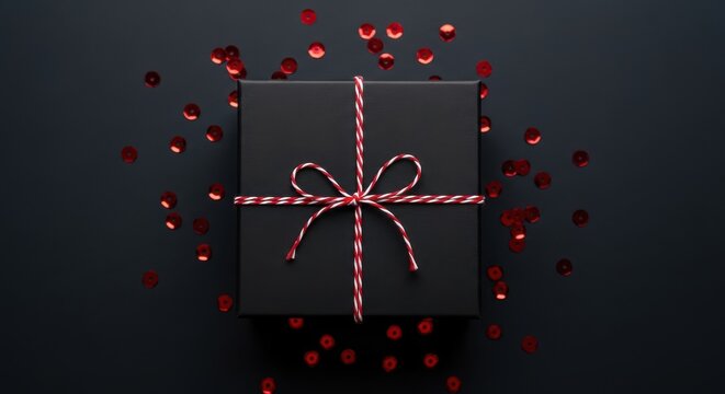 Black gift box with red and white string tied in a bow surrounded by red sequins