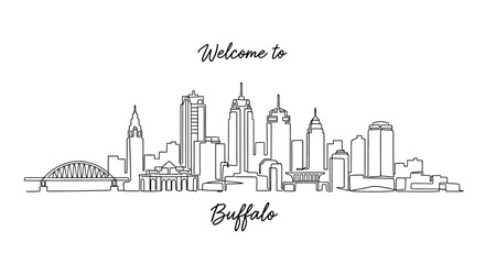 Fototapeta premium Buffalo Skyline, NY - Continuous Line Art, Cityscape, Welcome Sign