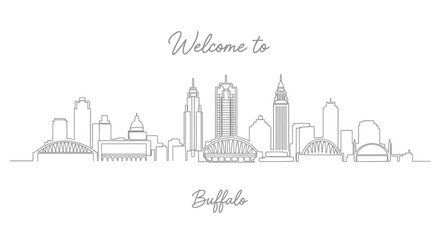 Obraz premium Buffalo Skyline, Welcome Sign Graphic, Cityscape Line Art, Monochrome Illustration