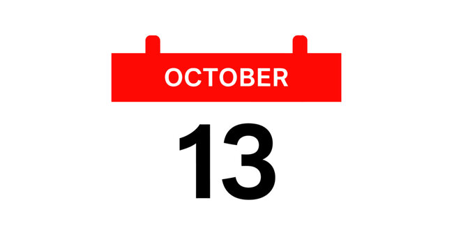 October 13th Calendar Date Reminder, Simple Design, Isolated on White