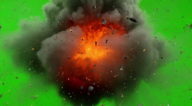 Violent explosive blast with debris and thick smoke clouds on green screen background for cinematic visual effects and action scenes