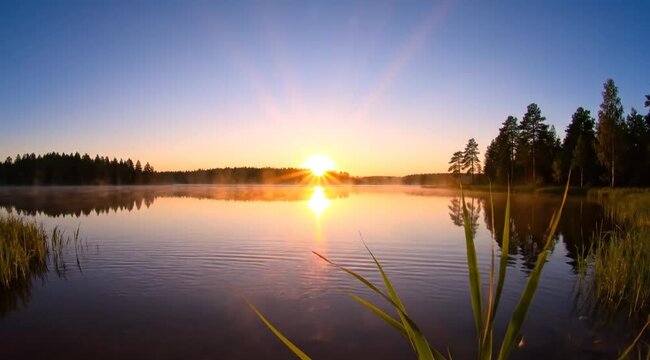 Serene sunrise over calm lake with morning mist and forest reflection, cinematic nature landscape
