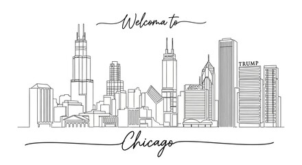 Naklejka premium Chicago Skyline Line Art - Welcome to Chicago Cityscape Drawing