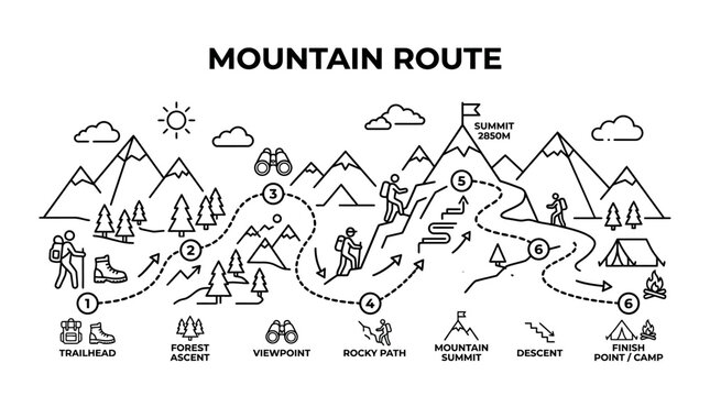 Illustrated mountain hiking route infographic with numbered checkpoints.