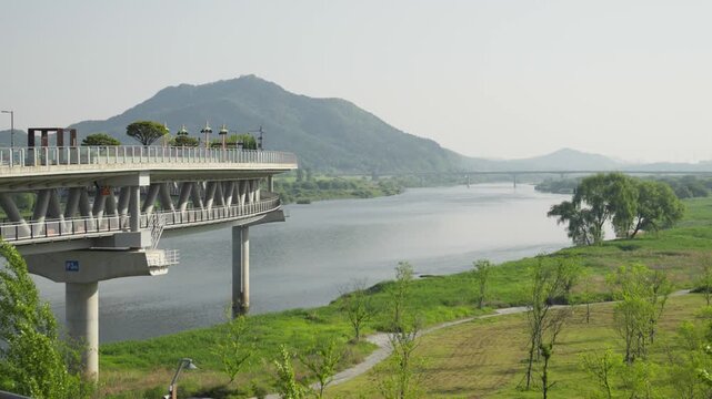 Scenic View of Geumgang Pedestrian Bridge and River in Sejong City, South Korea