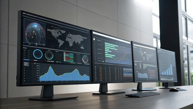 Three widescreen monitors display various data visualizations, charts, and world maps in a modern office setting with a keyboard and mouse on the desk.