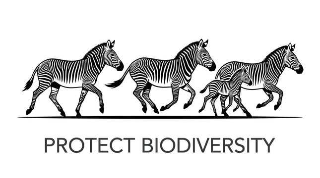 Illustration of a herd of zebras running together with text about biodiversity.
