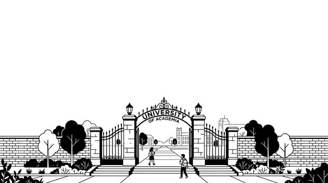 Black and white line art illustration of a university campus gate entrance.