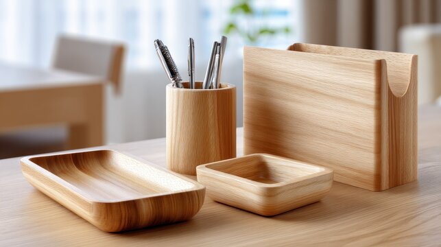 Set of Natural Light Wood Desk Organizers with Pen Cups and Storage Boxes