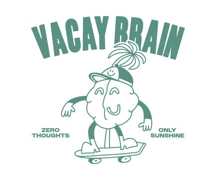Funny Cartoon Graphic Tee. Summer Vacation T-shirt Design for Print. Retro Funny Happy Summer Vector Illustration. Clothing Apparel Design for Brand, Tropical, Beach