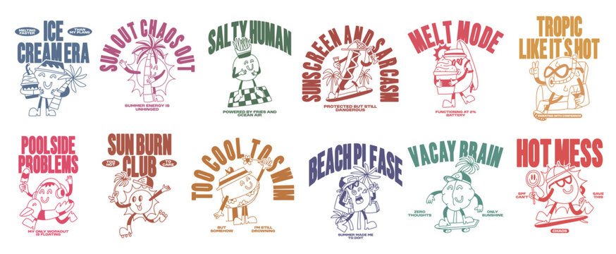 Funny Cartoon Graphic Tee Collection. Summer Vacation T-shirt Designs Bundle for Print. Retro Funny Happy Summer Vector Illustration Set. Clothing Apparel Design for Brand, Tropical, Beach