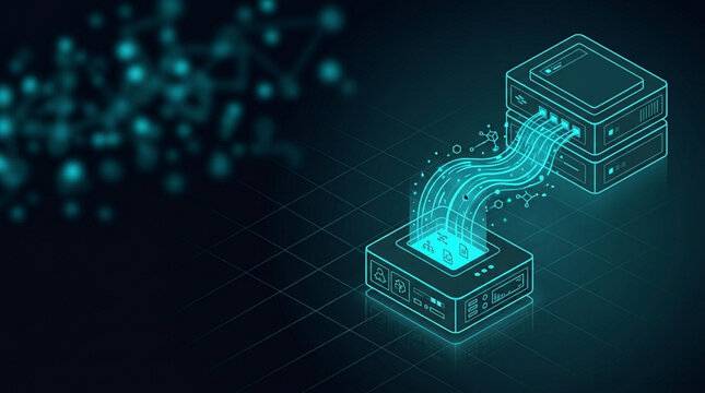 Digital blockchain technology concept with glowing blue data cubes and futuristic network flow