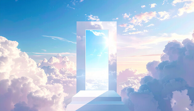 Heavenly gate to paradise with clouds and sun