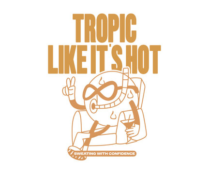 Funny Cartoon Graphic Tee. Summer Vacation T-shirt Design for Print. Retro Funny Happy Summer Vector Illustration. Clothing Apparel Design for Brand, Tropical, Beach