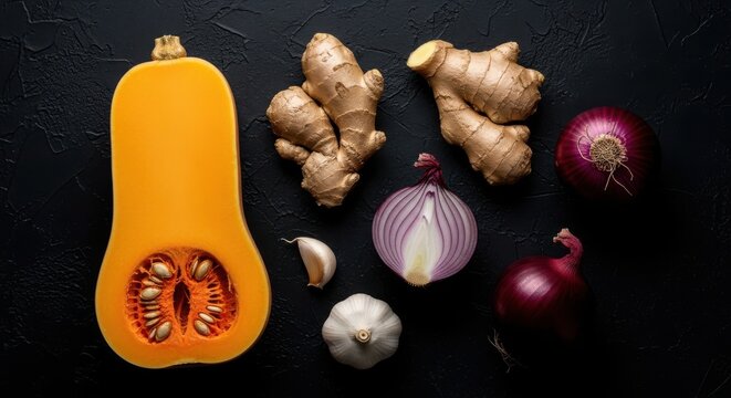 Fresh butternut squash, ginger root, garlic, and red onions arranged on a dark textured background