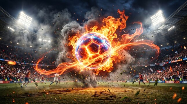 Flaming soccer ball explodes on a green field in a crowded stadium.