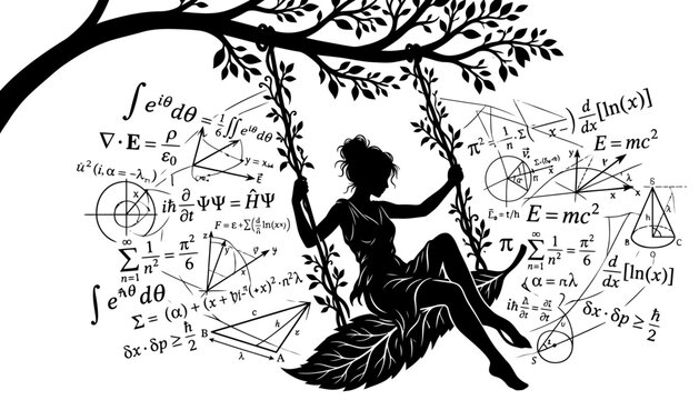 Woman Swinging on Leaf Amidst Math and Physics Equations Silhouette Vector