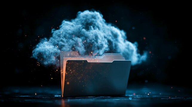 Mystical data cloud emerges from digital folder, symbolizing innovation, storage, and futuristic technology with glowing particles and ethereal smoke