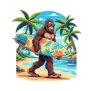 Cool Sasquatch Carrying Surfboard on Tropical Beach Summer Vacation Vector Design