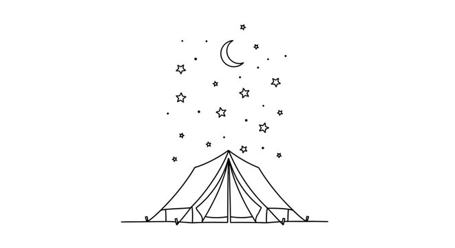 Hand drawn camping tent under a starry night sky illustration.