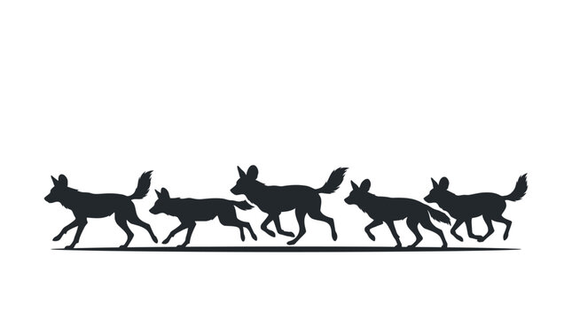 Silhouette of a pack of African wild dogs running together.