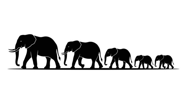 Silhouette of a family of elephants walking in a line.