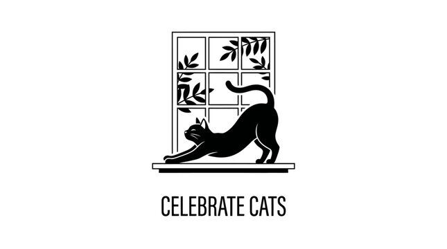 A silhouette illustration of a black cat stretching on a window sill.
