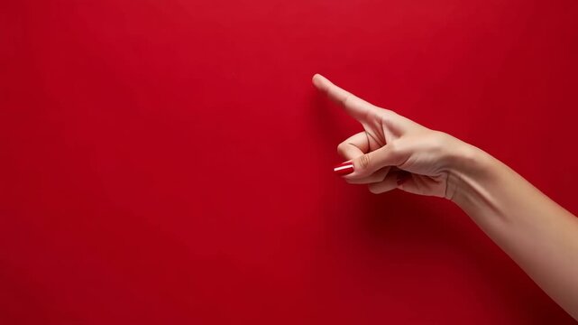 Woman's hand pointing with index finger upwards, showing direction on a red background