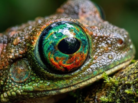 Vivid, emerald and fiery orange iris of a tropical amphibian's colossal eye showcases intricate textures and captivating patterns within its wet, moss-covered habitat
