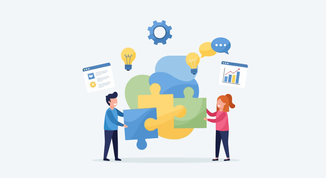 Teamwork connecting puzzle pieces: Innovation and problem-solving concept