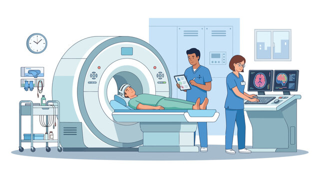 Medical illustration of patient undergoing MRI scan with medical staff
