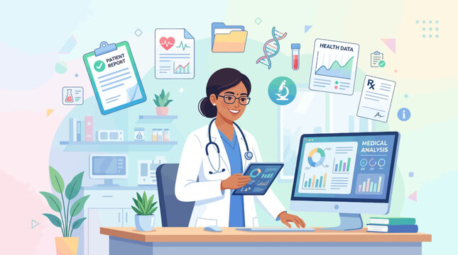 Female doctor with medical reports and computer analysis