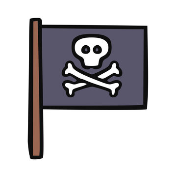 Pirate flag doodle hand drawn, jolly roger banner, skull crossbones emblem, dark ship sails pole, marine sea robbery symbol, cute cartoon outline sketch, ink