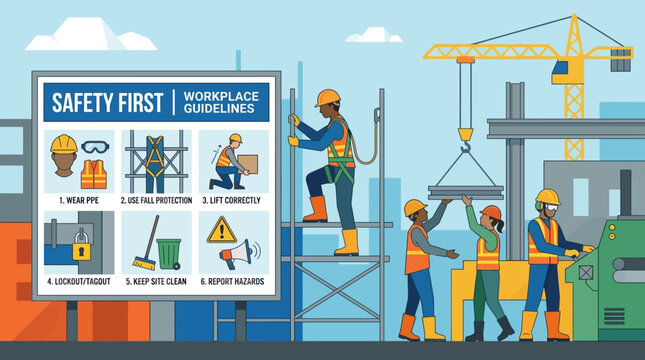 Construction safety guidelines, workers and equipment on site, workplace safety concept