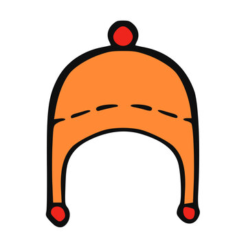 Winter beanie doodle hand drawn, knit hat, orange chullo cap, cold weather headwear with pompom, cute outline sketch, ink line art on white background