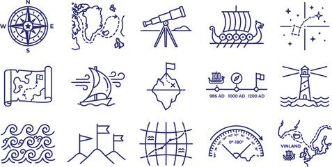 Minimal monoline vector icon set Leif Erikson Day exploration theme ocean navigation compass system northern sea route map line viking longship © ArtFlex